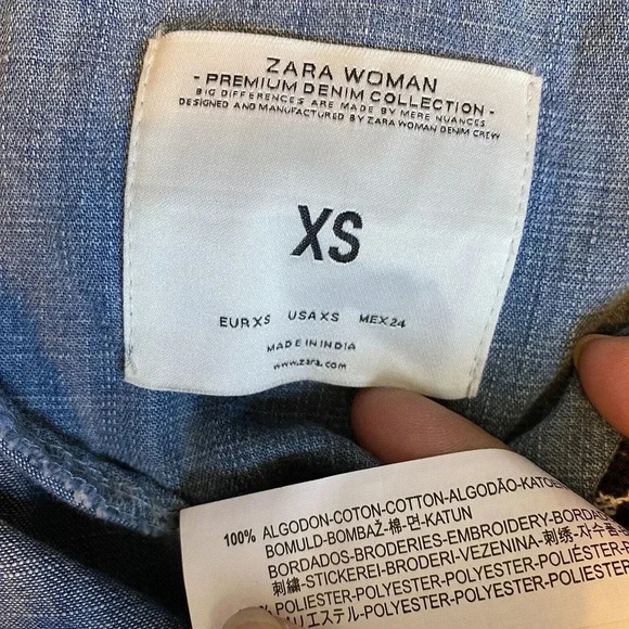 Zara Tunic Embroidery Midi Premium Denim Dress Women XS Blue Flare Sleeves - Picture 5 of 7